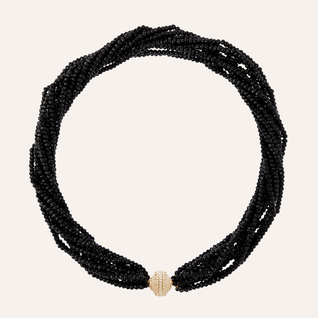 Black Multi-Strand Seed Bead Necklace w/Chunky Brass Accents