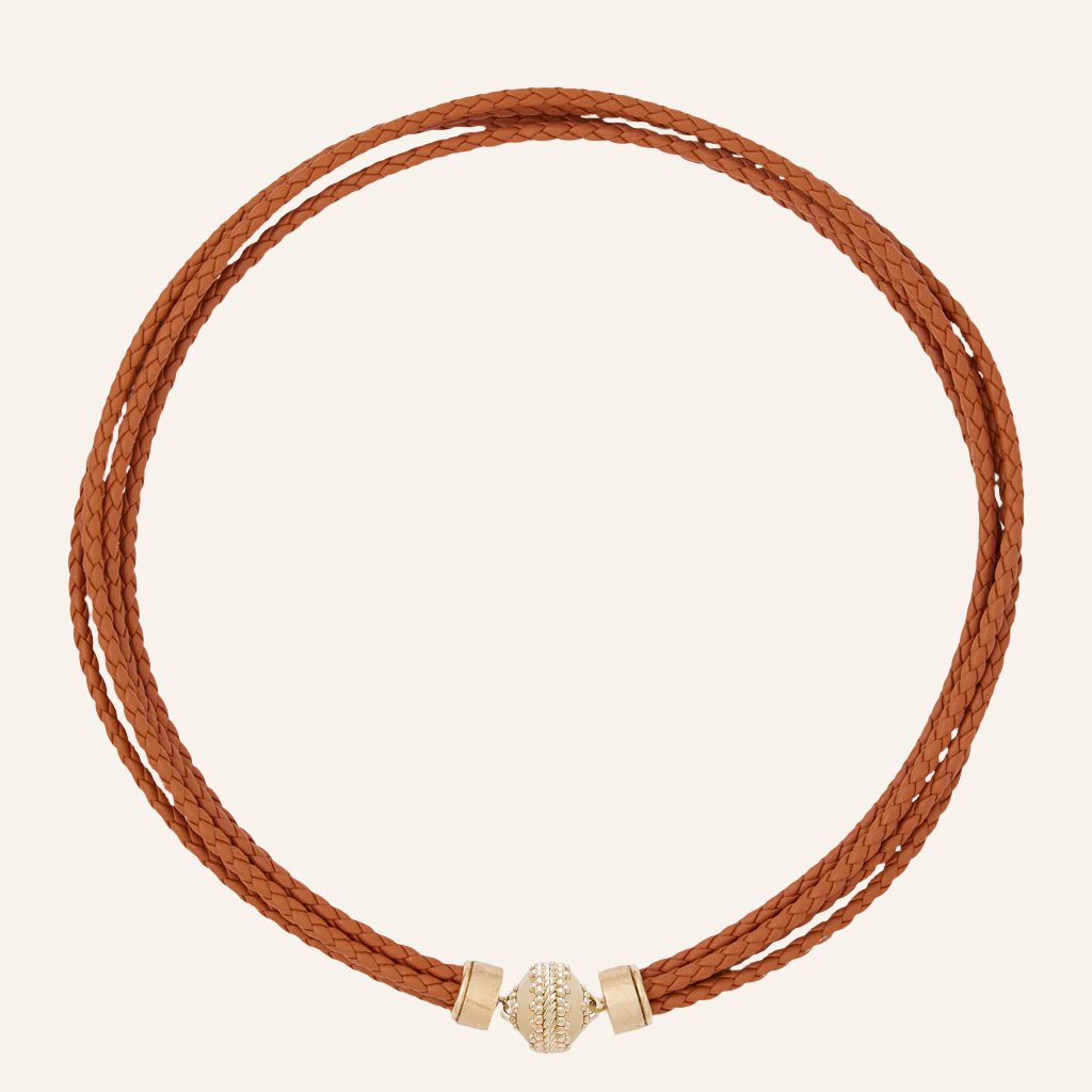 Braided Leather Cord Necklace 14K Solid Gold Clasp Necklace for Men