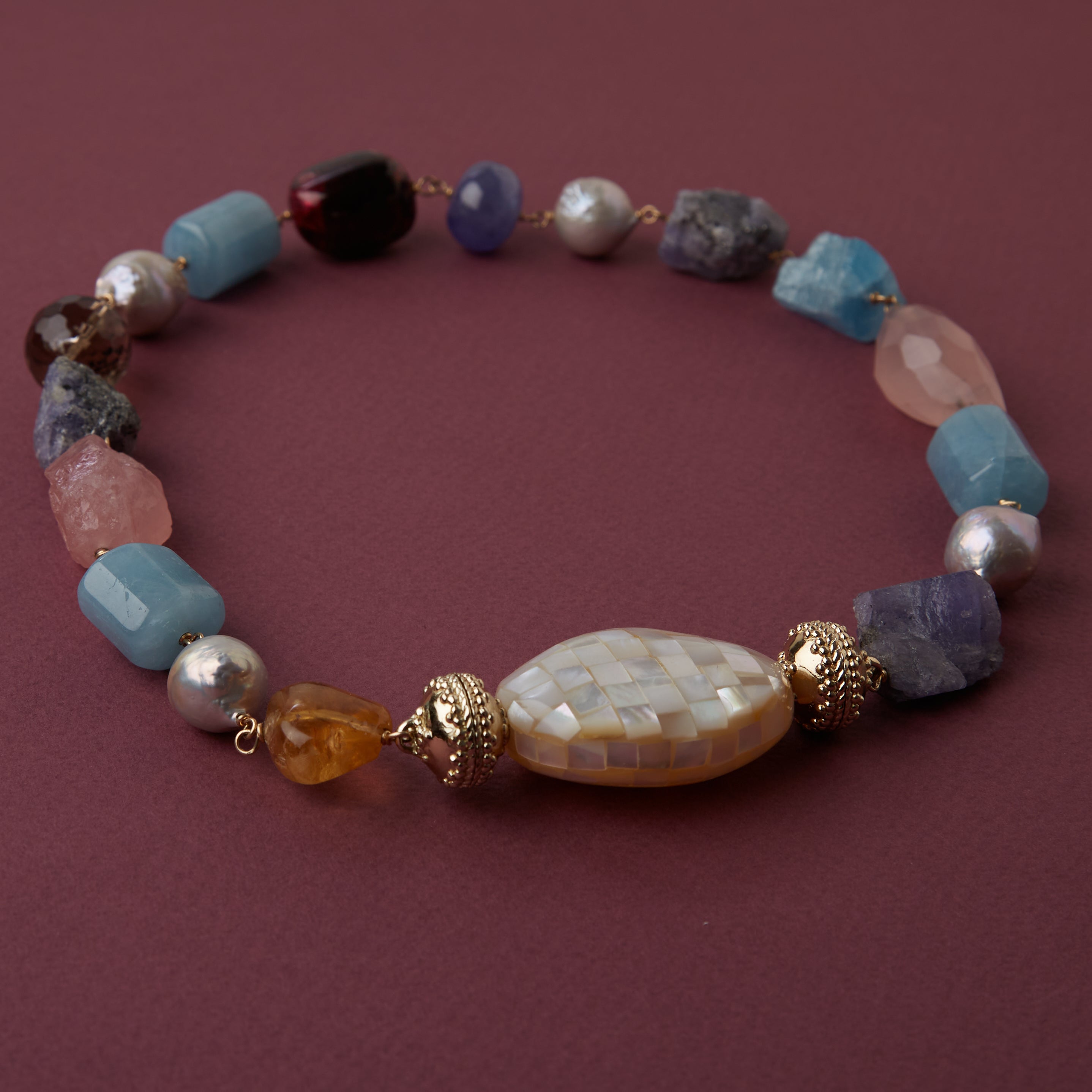 Caspian Aqua, Rose Quartz, & Tanzanite Necklace