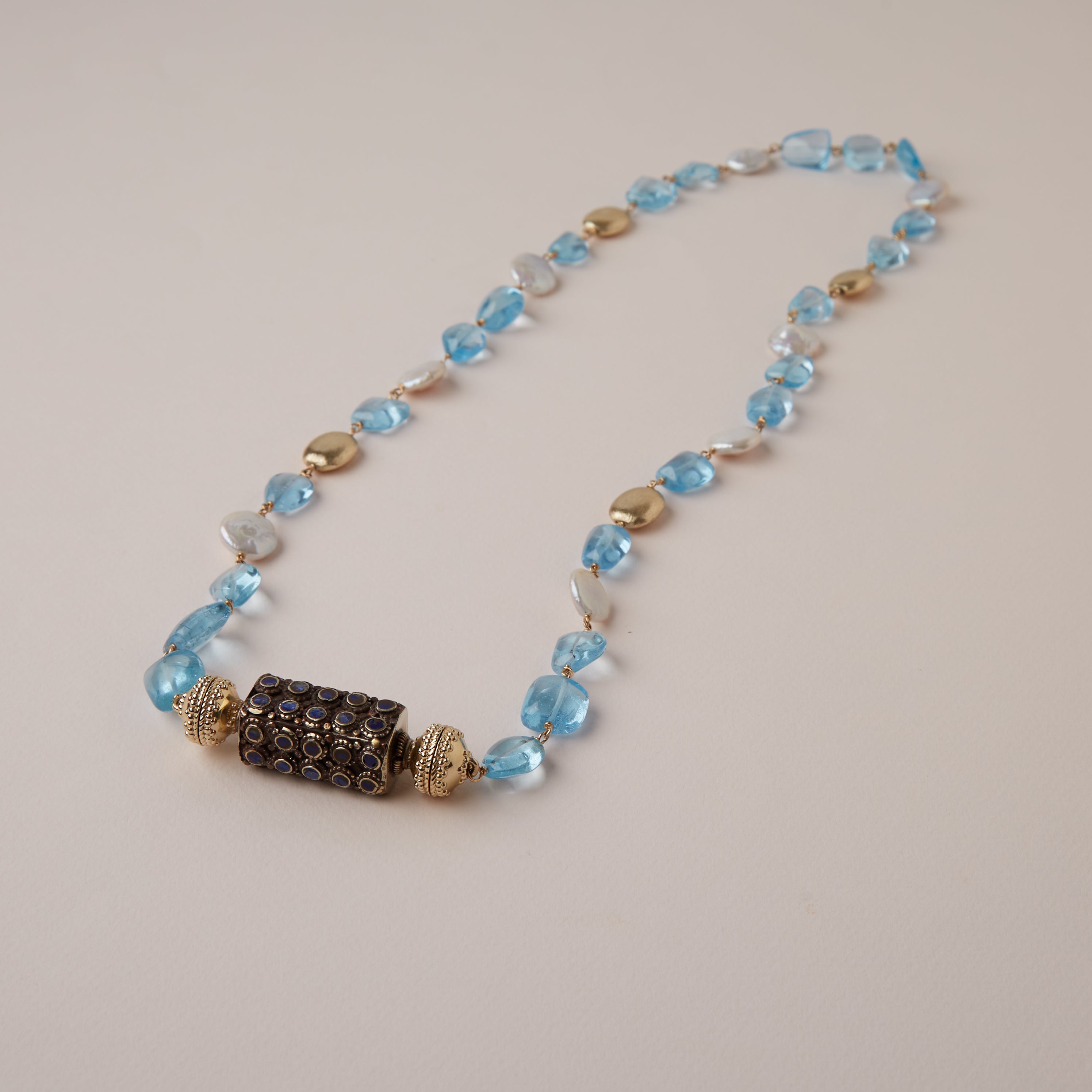 Caspian Gold Rush, Blue Topaz, and Coin Pearl Necklace