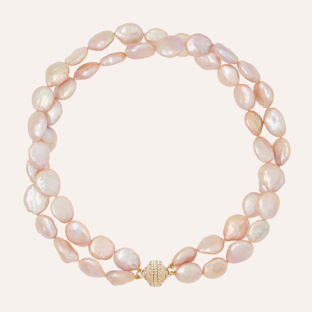 Peach Coin Pearl Double Strand Necklace