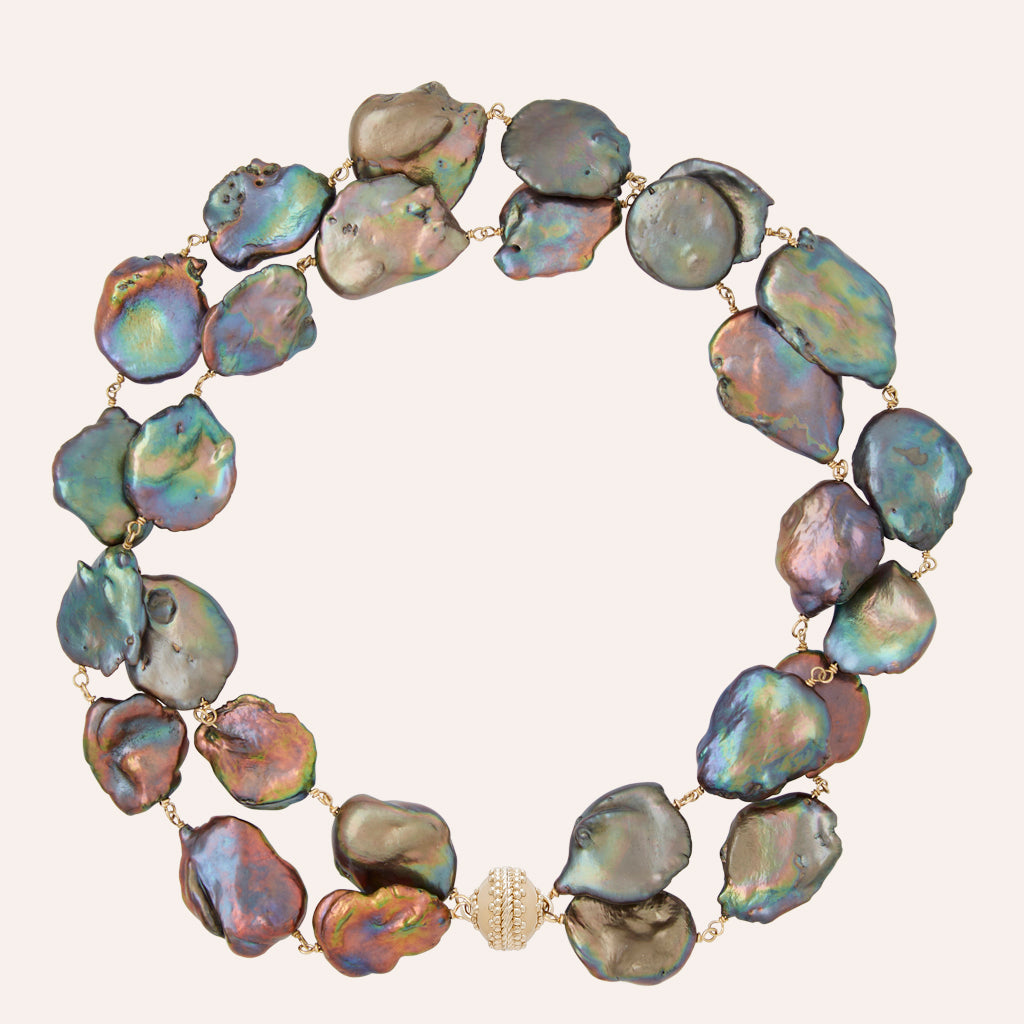 Caspian Peacock Keshi Pearl Double Strand Necklace