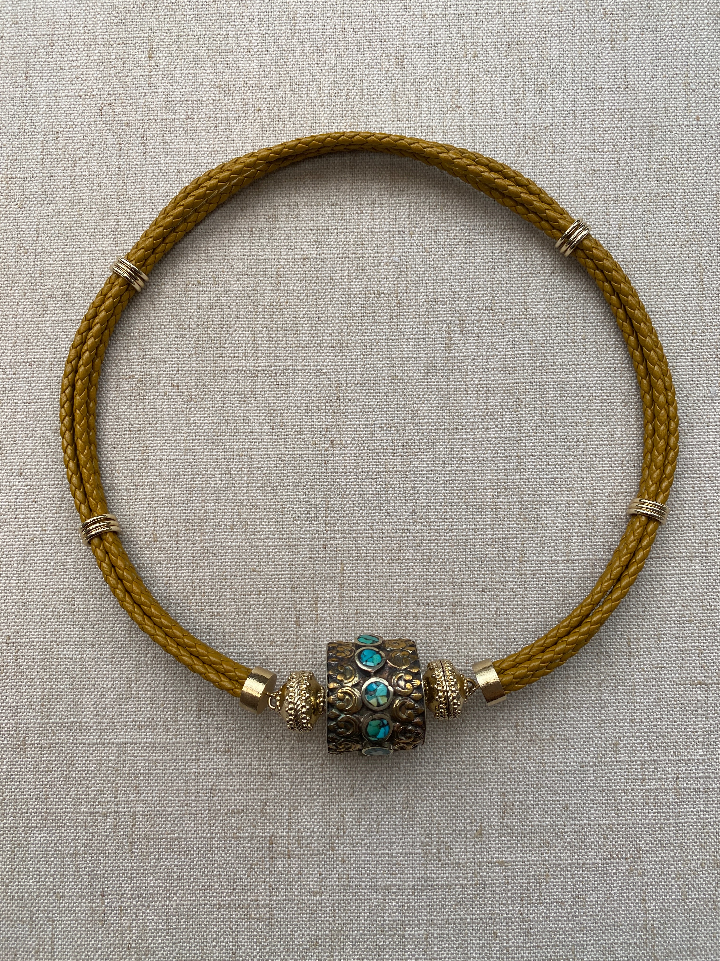 Tibetan Treasure Brass & Turquoise Barrel Centerpiece