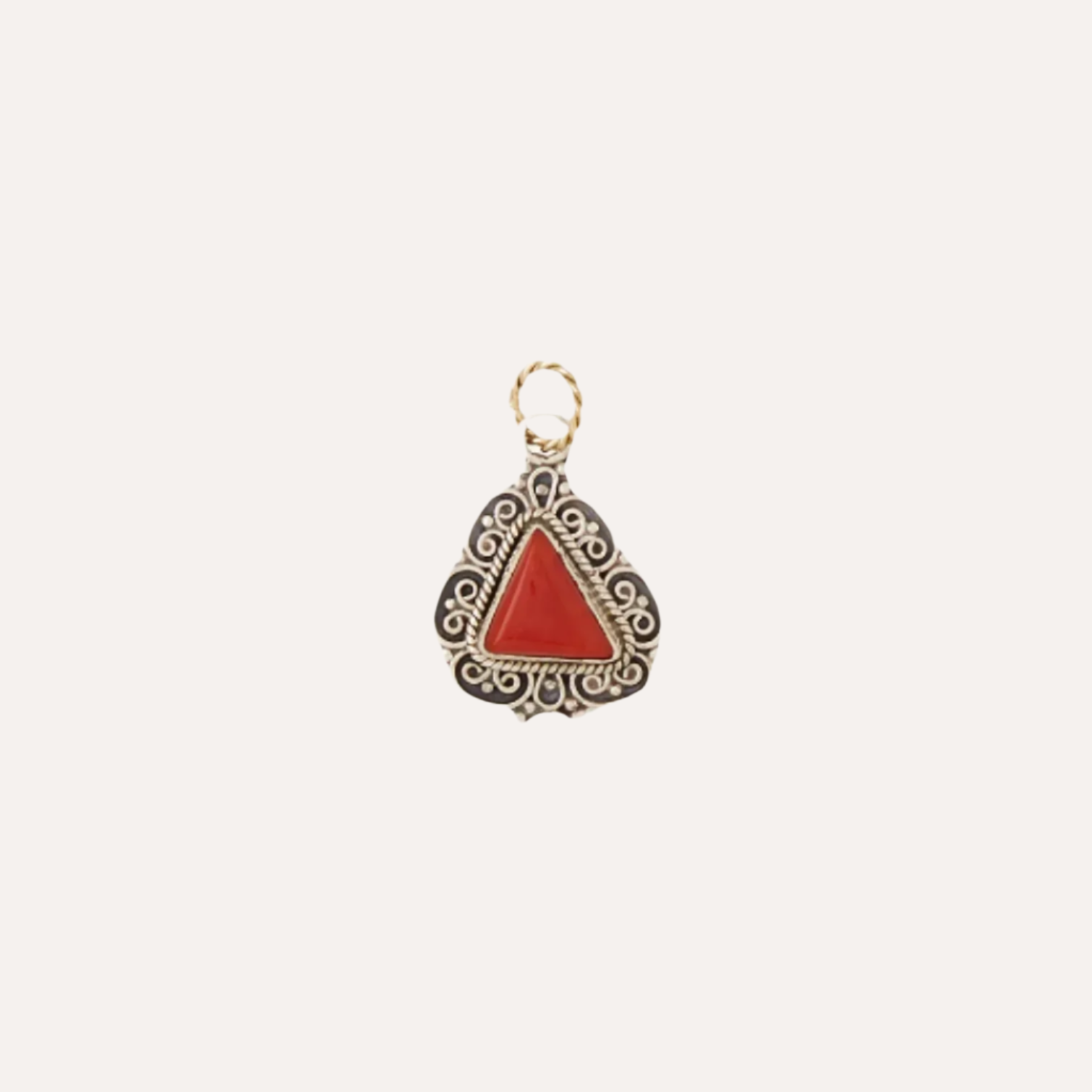 Tibetan Treasure Sterling Silver & Coral Small Triangle Charm