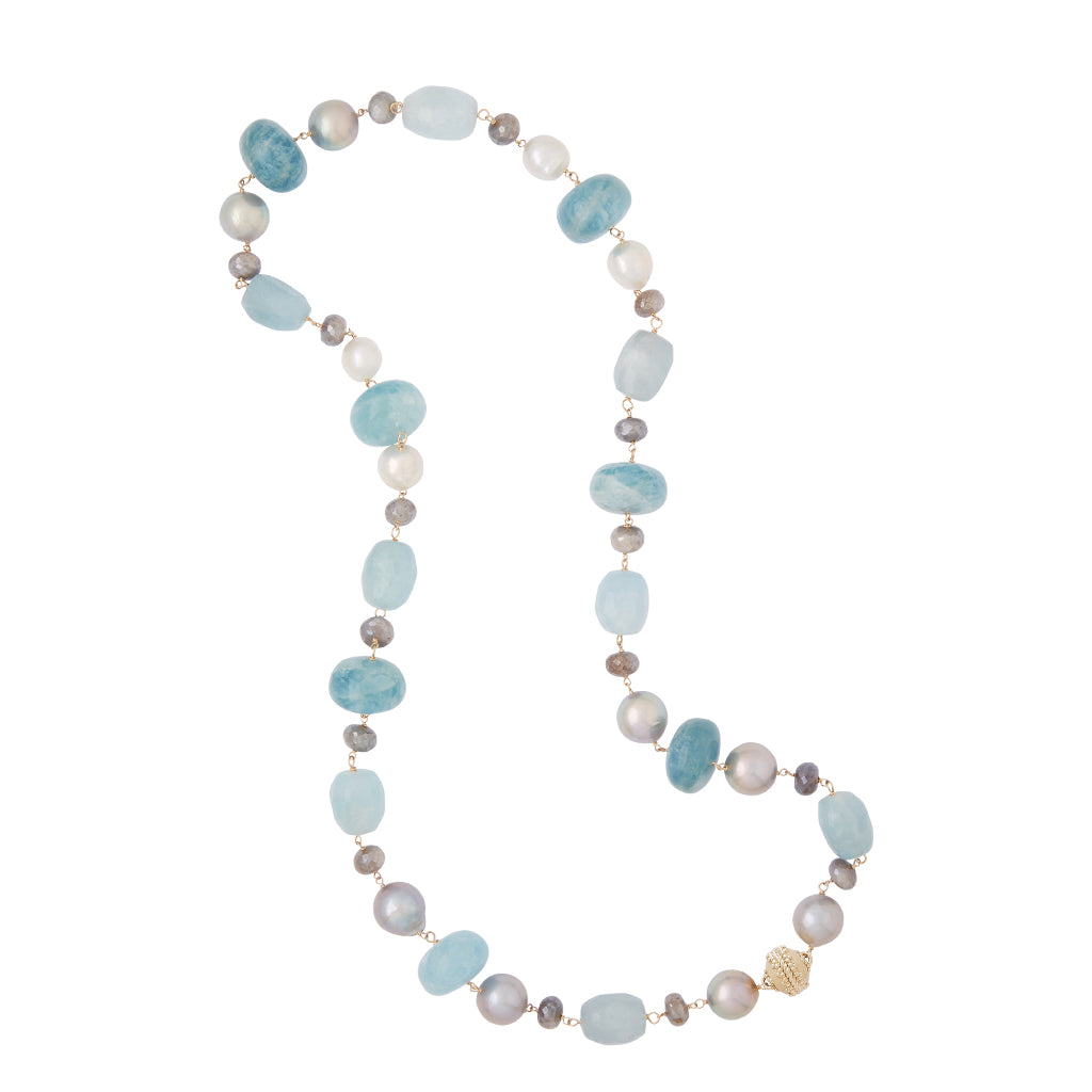 Caspian Pearl, Aquamarine, and Moonstone Necklace