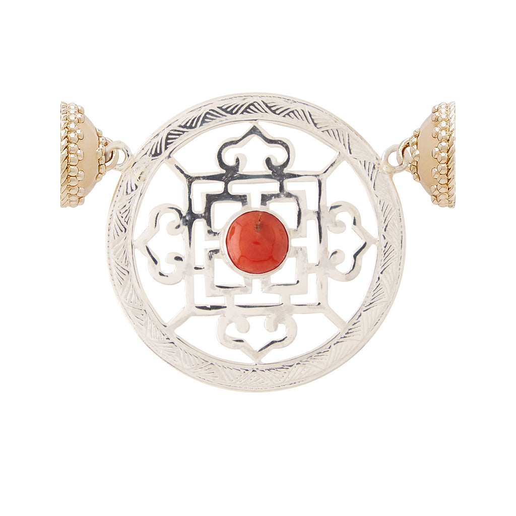 Tibetan Treasure Silver and Coral Medallion Centerpiece